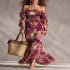 Pink Chiffon Off-the-Shoulder Maxi Dress