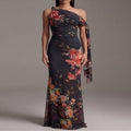 One-Shoulder Pleated Chiffon Black Maxi Dress