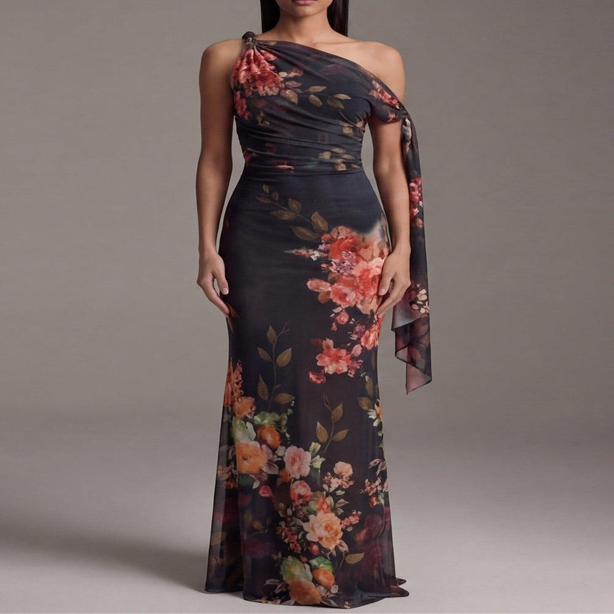 One-Shoulder Pleated Chiffon Black Maxi Dress