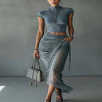 Blue Mesh Crop Top and Maxi Skirt Set