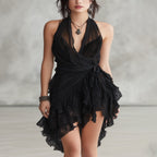 Black Lace Mini Dress with Halter Neckline and Ruffles