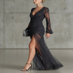 Dark Gray Lace Maxi Dress with Long Sleeves and Slit