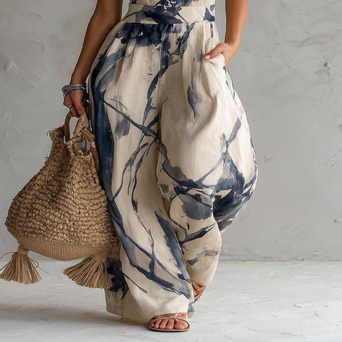 Halter Dress with Ink Print and Pockets