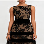 Black Floral Mesh A-Line Midi Dress