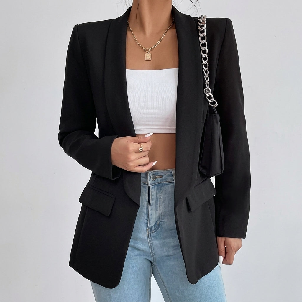 Penelope | Blazer Casual Elegante de Largo Medio con Solapas y Frente Abierto para Mujer