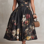 Black Pleated Satin Midi Dress with Teardrop Neckline
