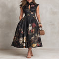 Black Pleated Satin Midi Dress with Teardrop Neckline