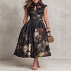Black Pleated Satin Midi Dress with Teardrop Neckline