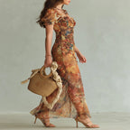 Orange Chiffon Oil Print Maxi Dress