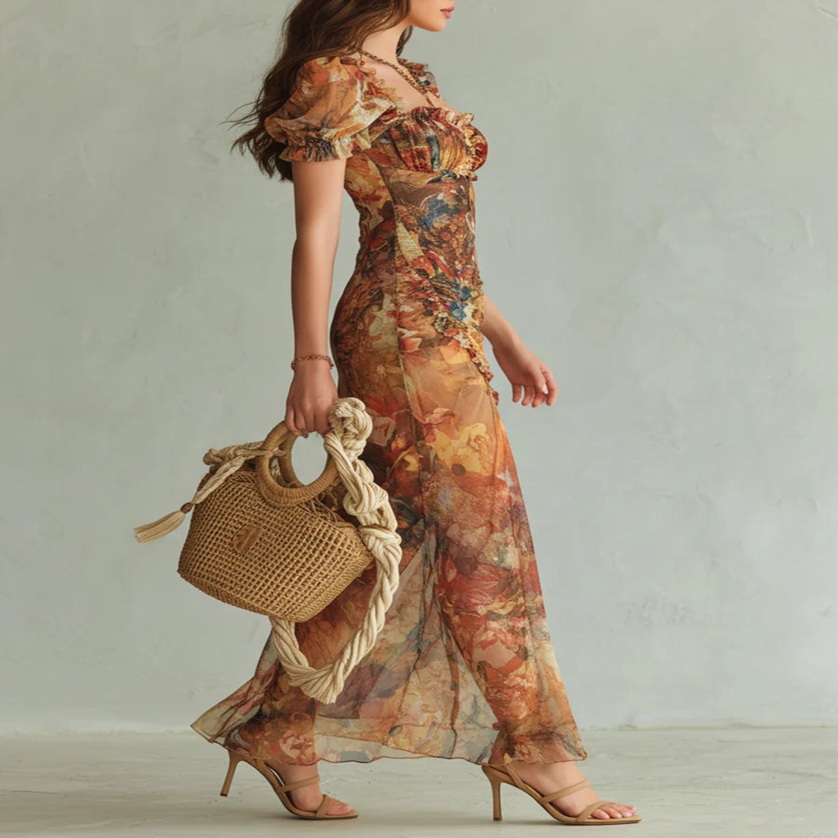 Orange Chiffon Oil Print Maxi Dress