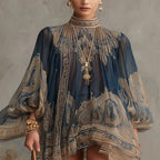 Navy Chiffon Baroque Print Mini Dress