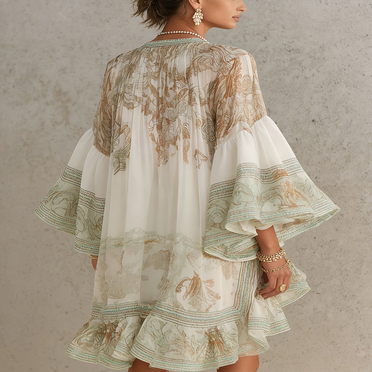 Green Striped Ruffle Chiffon Mini Dress