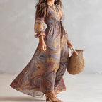 Paisley Print Chiffon V-Neck Maxi Dress