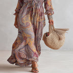 Paisley Print Chiffon V-Neck Maxi Dress