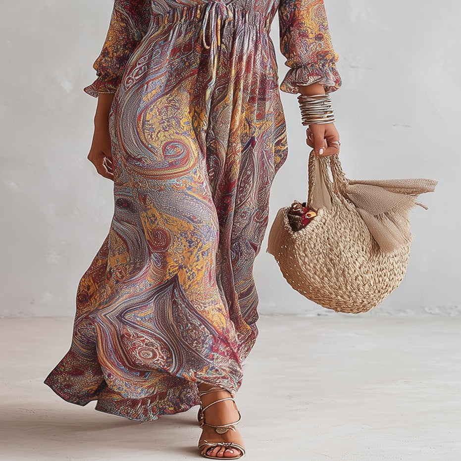 Paisley Print Chiffon V-Neck Maxi Dress