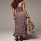 Vestido Maxi Floral Gris Púrpura Plisado