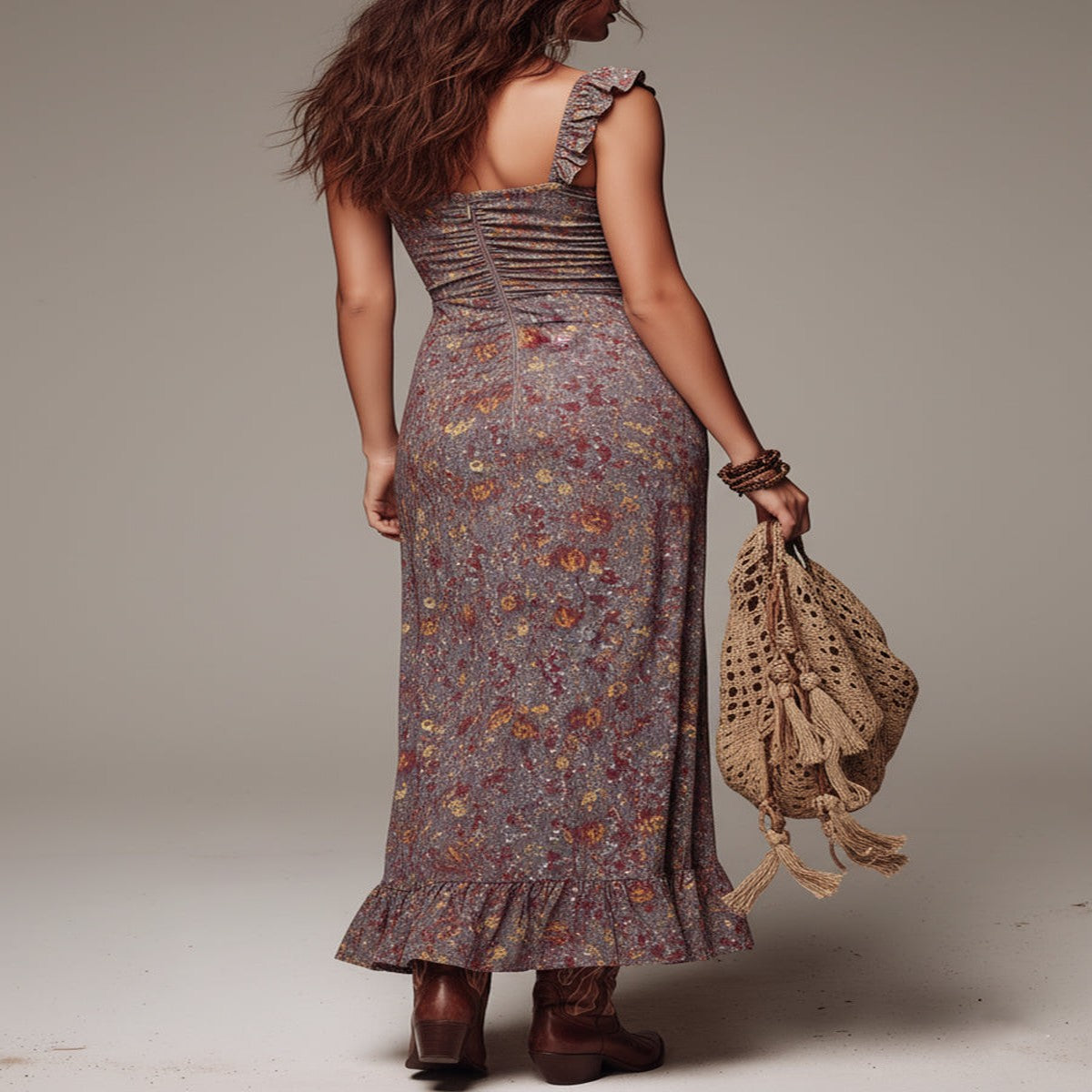 Pleated Purple Floral Gray Maxi Dress