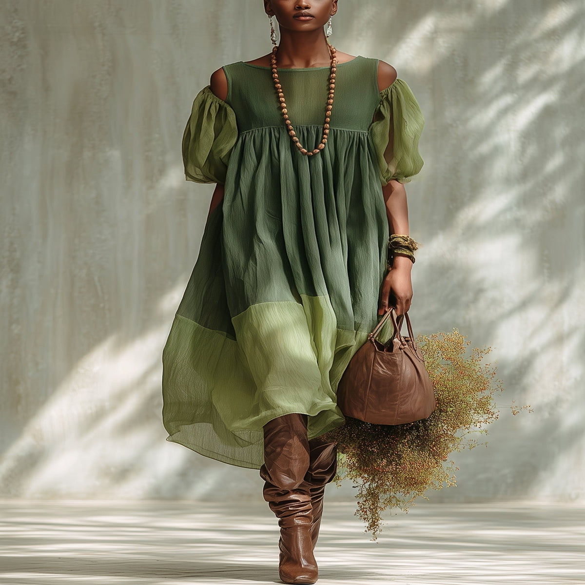 Green Chiffon Off-the-Shoulder Midi Dress