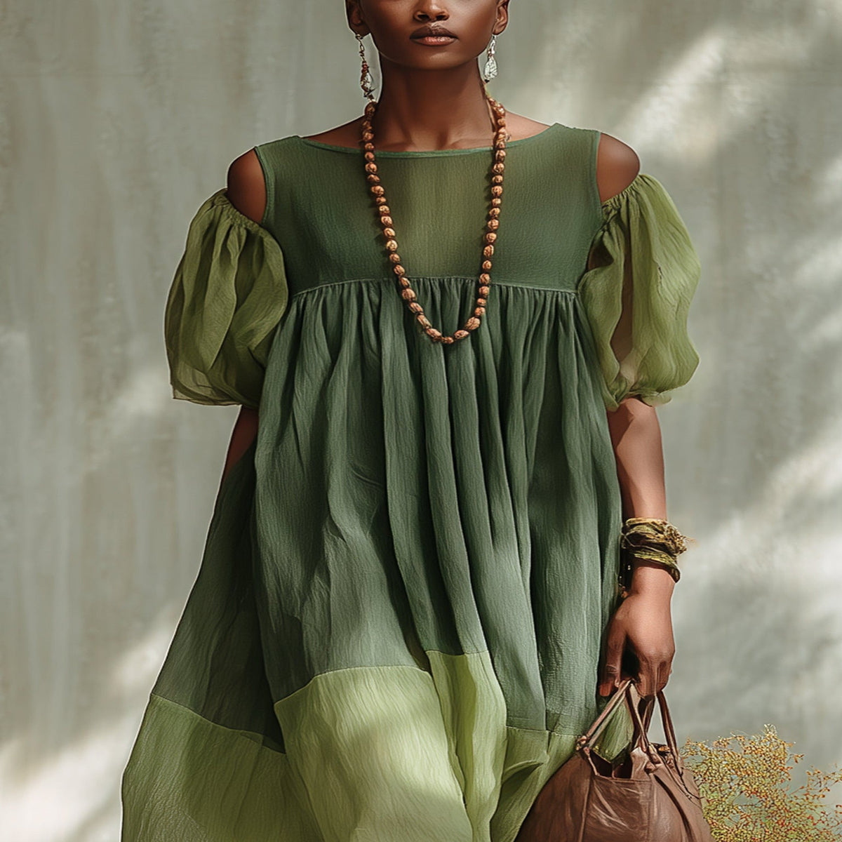 Green Chiffon Off-the-Shoulder Midi Dress