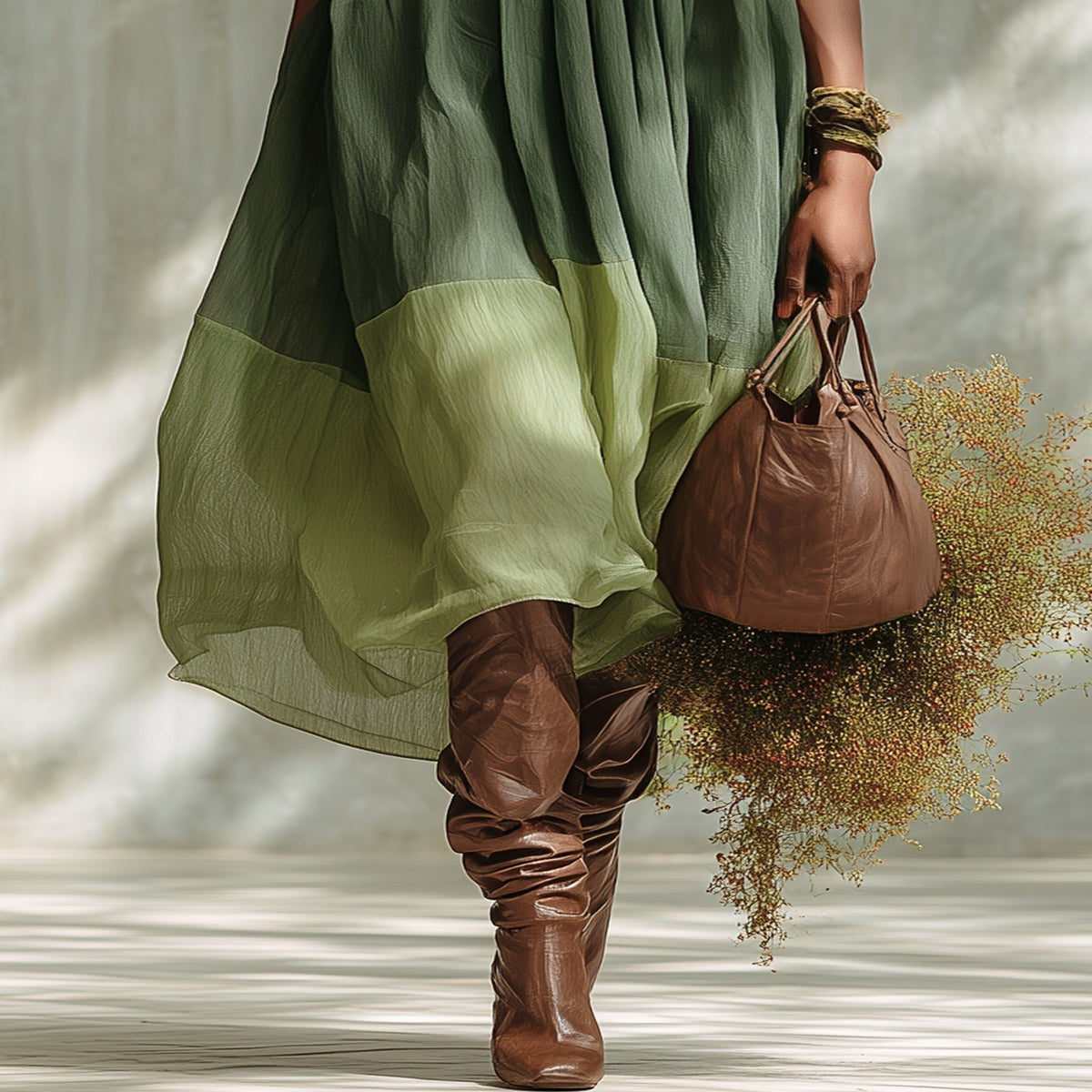 Green Chiffon Off-the-Shoulder Midi Dress