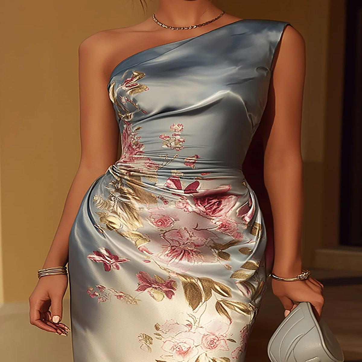 Vestido Midi de Satén Floral a un Hombro