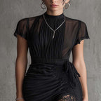 Black Chiffon Mini Dress with Pleated Waist