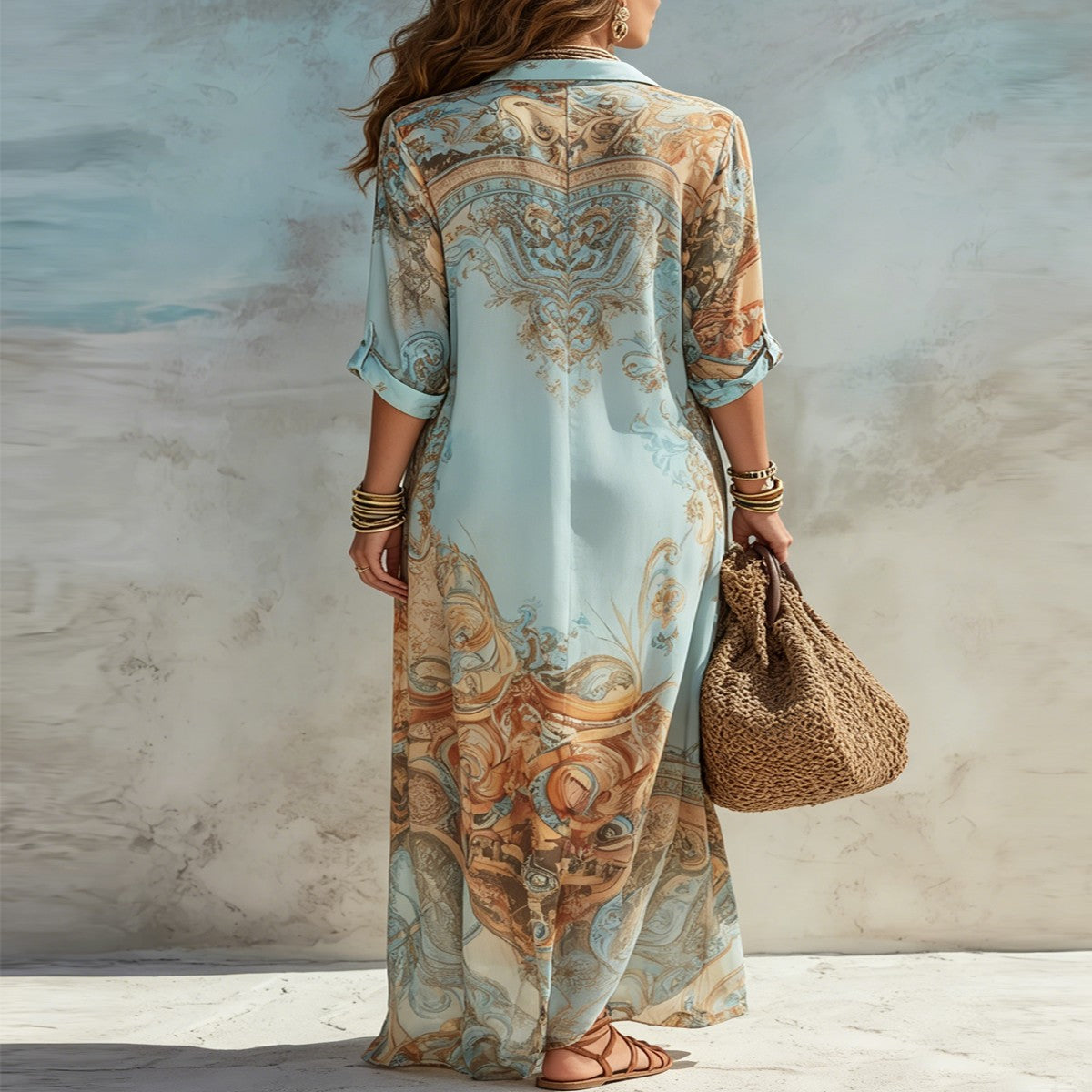 Blue Maxi Dress with Baroque Floral Print
