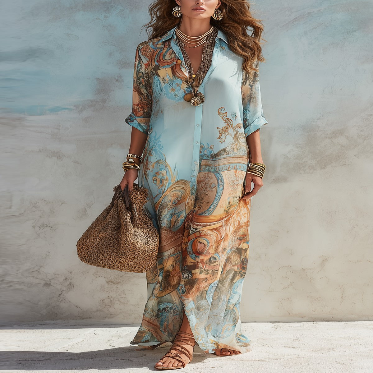 Blue Maxi Dress with Baroque Floral Print