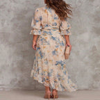 Asymmetrical Floral Print Chiffon Maxi Dress