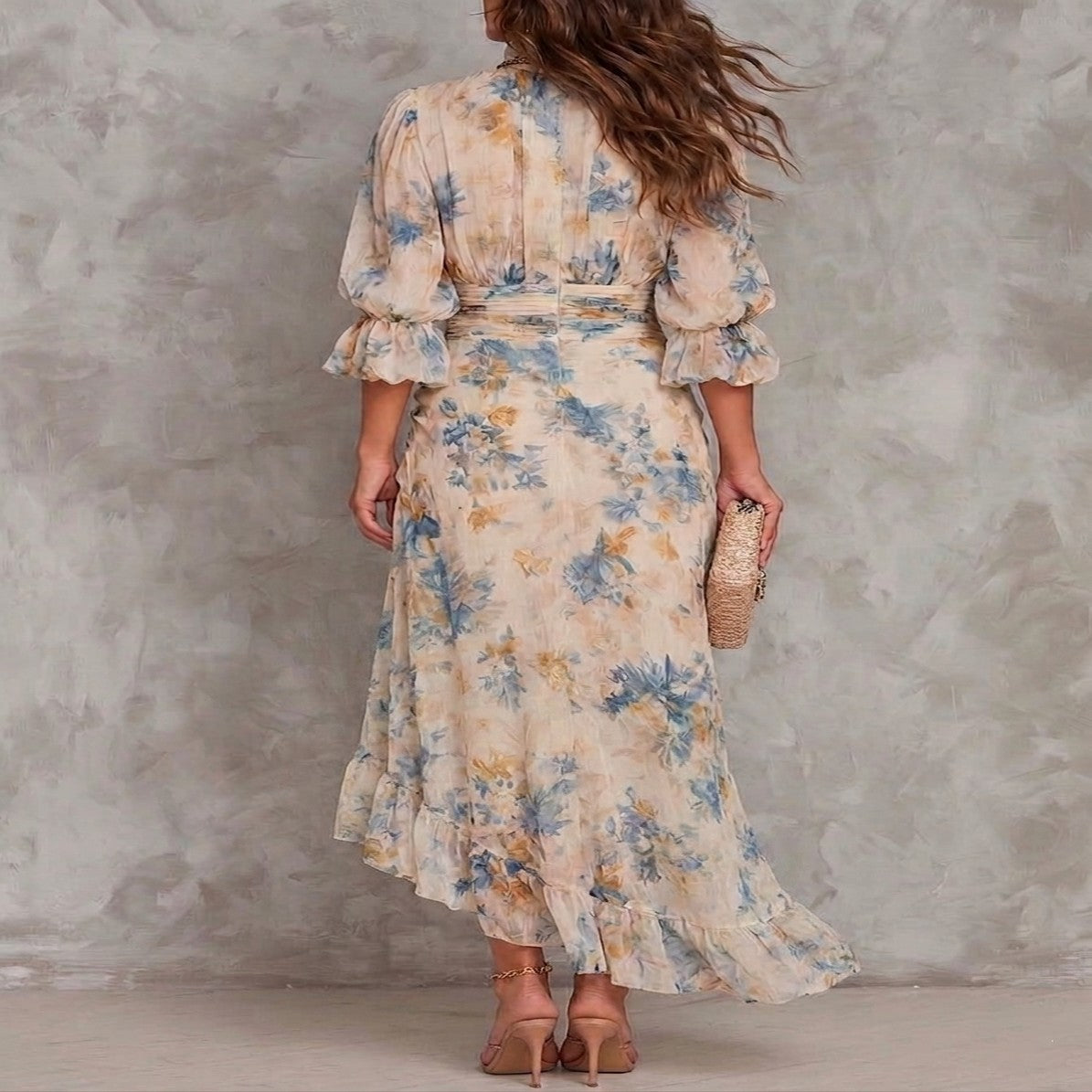 Asymmetrical Floral Print Chiffon Maxi Dress