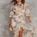 Asymmetrical Floral Print Chiffon Maxi Dress