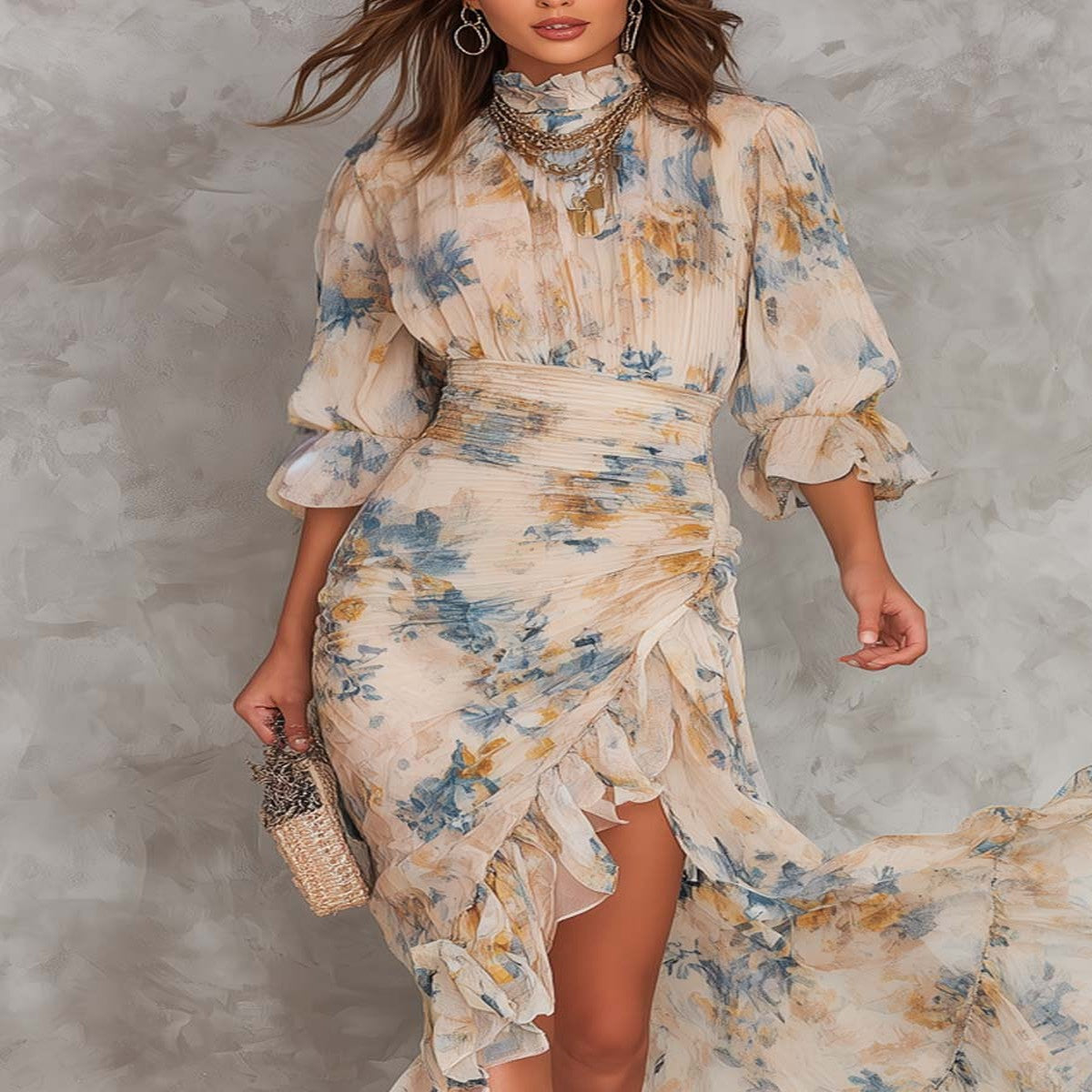 Asymmetrical Floral Print Chiffon Maxi Dress