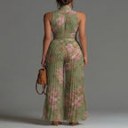 Jumpsuit Verde Floral de Chifón con Pierna Ancha