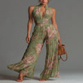 Jumpsuit Verde Floral de Chifón con Pierna Ancha