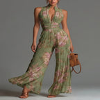 Jumpsuit Verde Floral de Chifón con Pierna Ancha