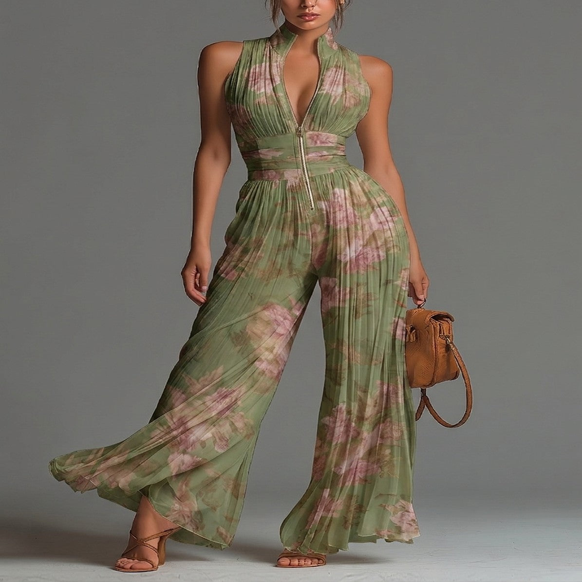 Jumpsuit Verde Floral de Chifón con Pierna Ancha