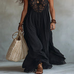 Sleeveless Black Bohemian Lace Maxi Dress