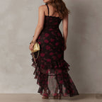 Long Black and Red Dress with Flowers and Ruffles