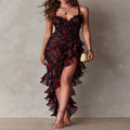 Long Black and Red Dress with Flowers and Ruffles
