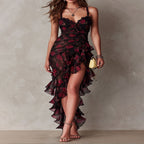 Long Black and Red Dress with Flowers and Ruffles