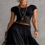 Conjunto Negro de Top de Encaje y Falda Maxi Plisada