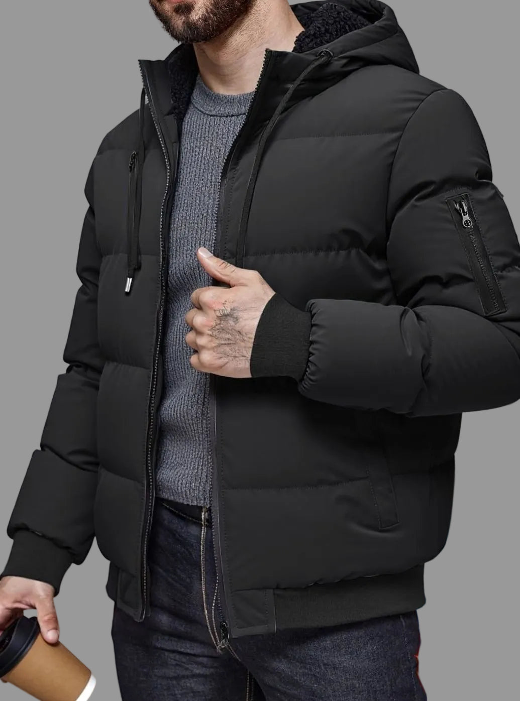 Alexander | Men's quilted winter jacket with hood, ribbed cuffs, and zipper