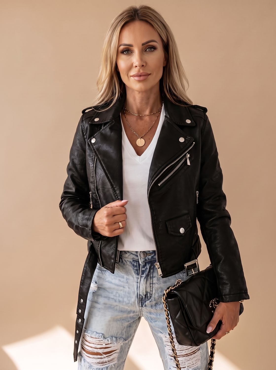 Isabella | Chaqueta Biker de Piel Sintética con Cremallera Asimétrica para Mujer