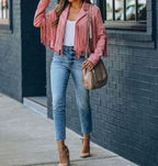 Evelyn | Chaqueta Motera Corta de Ante con Flecos para Mujer