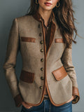 Sophia | Women's Vintage Herringbone Tweed Jacket with Faux Leather Trim and Front Button Closure