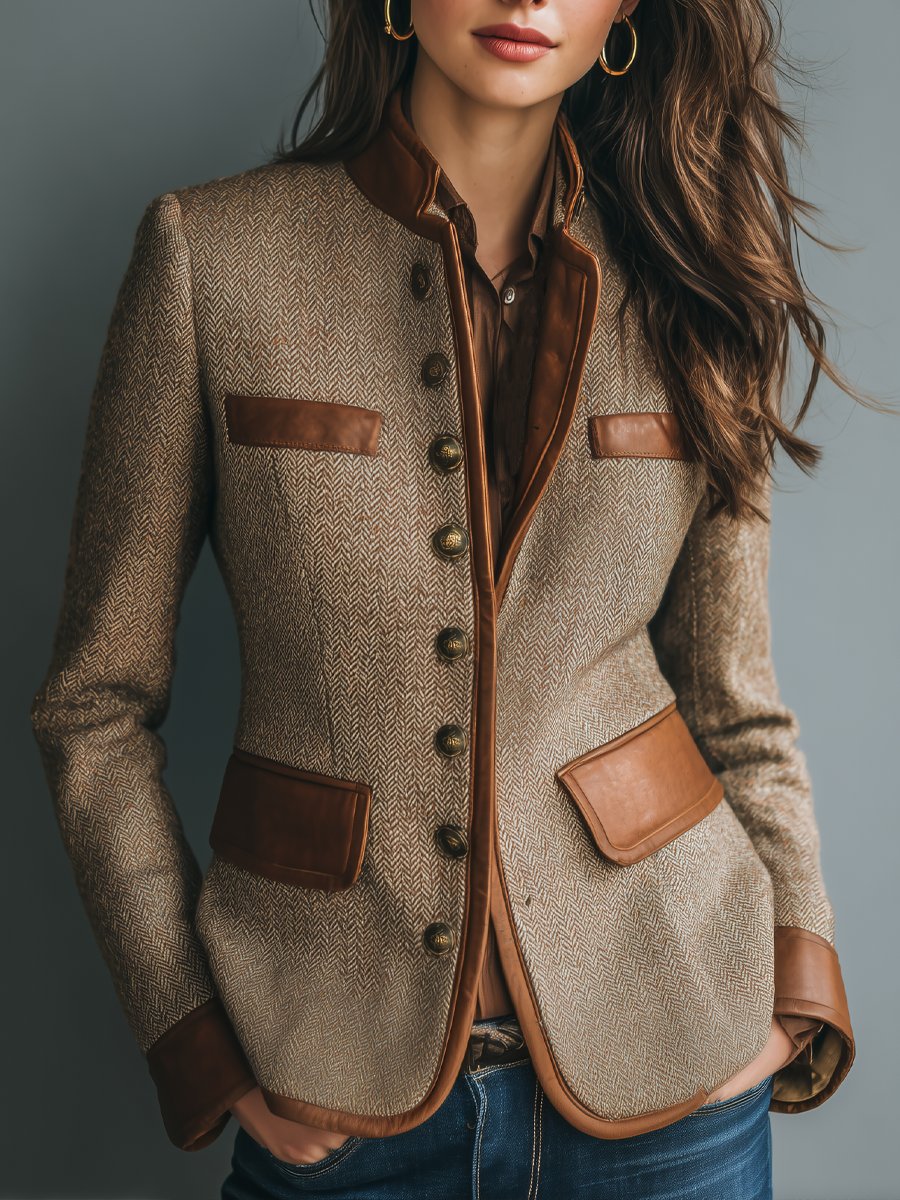 Sophia | Chaqueta Vintage de Tweed Espiga con Ribetes Efecto Piel y Botonadura Frontal para Mujer