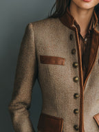 Sophia | Women's Vintage Herringbone Tweed Jacket with Faux Leather Trim and Front Button Closure