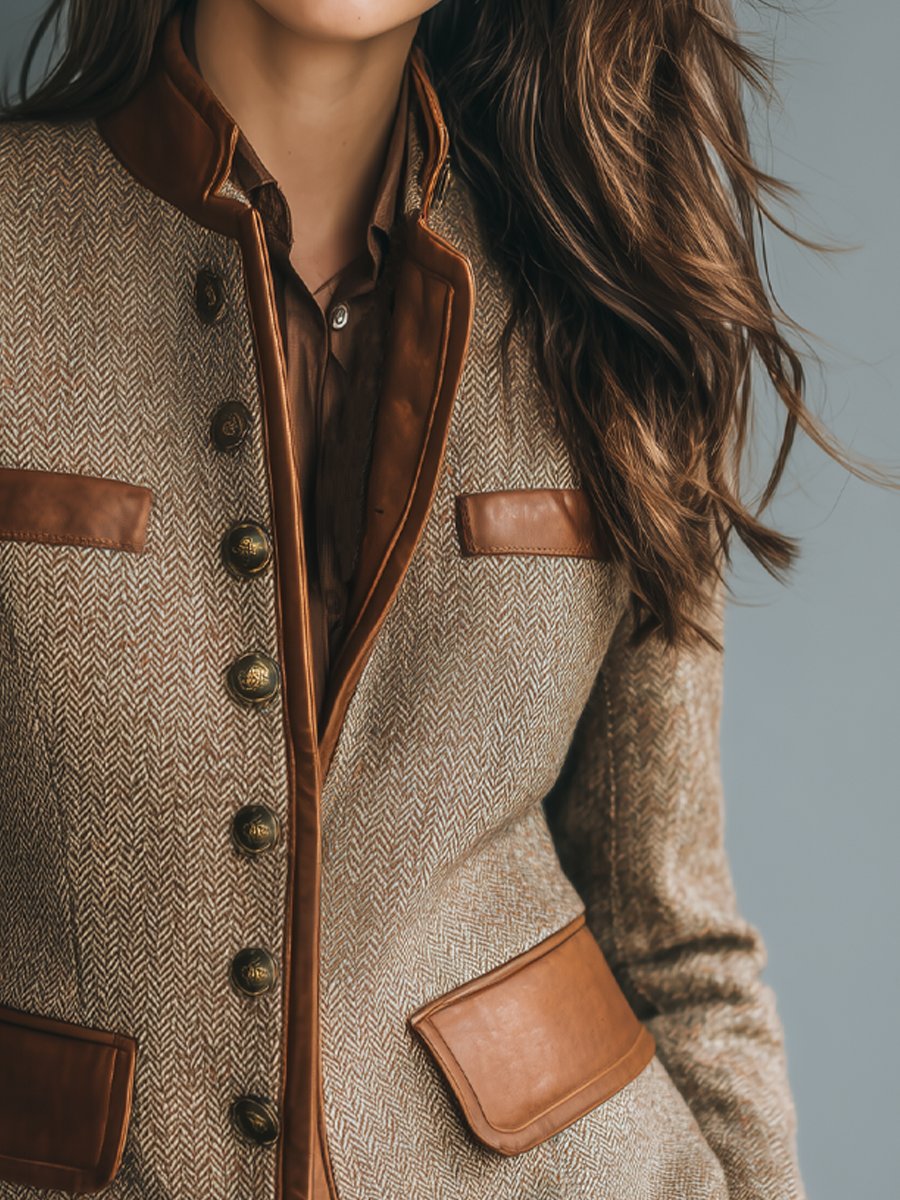 Sophia | Chaqueta Vintage de Tweed Espiga con Ribetes Efecto Piel y Botonadura Frontal para Mujer