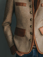 Sophia | Women's Vintage Herringbone Tweed Jacket with Faux Leather Trim and Front Button Closure