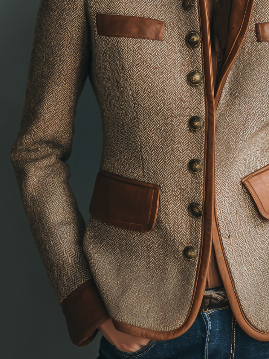 Sophia | Chaqueta Vintage de Tweed Espiga con Ribetes Efecto Piel y Botonadura Frontal para Mujer